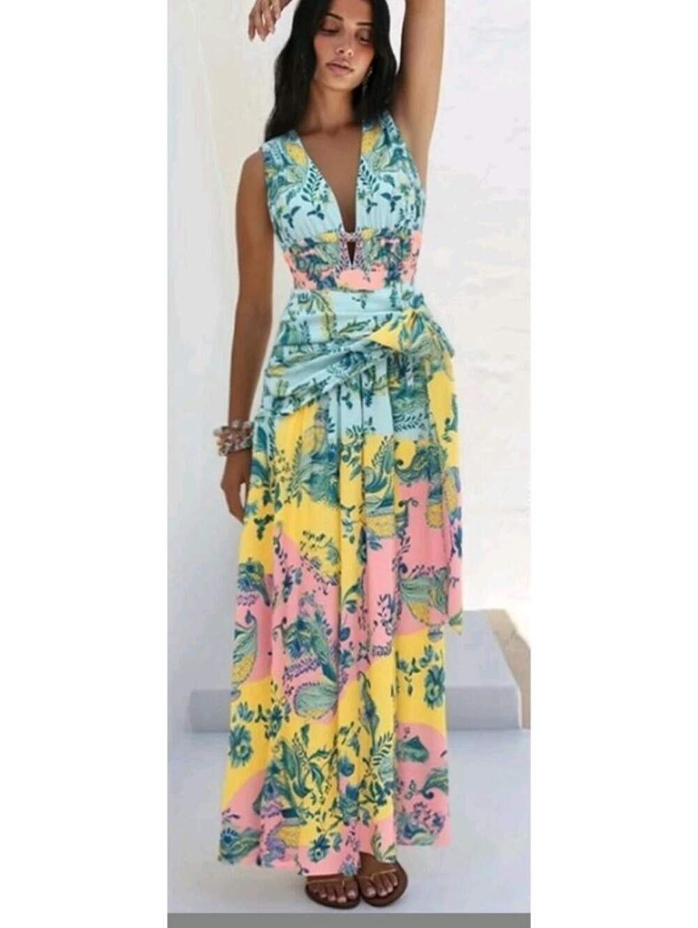 Flaxmaker Large Colorblock Yellow Blue Pink Paisley 1 Piece Bathing Suit + Maxi